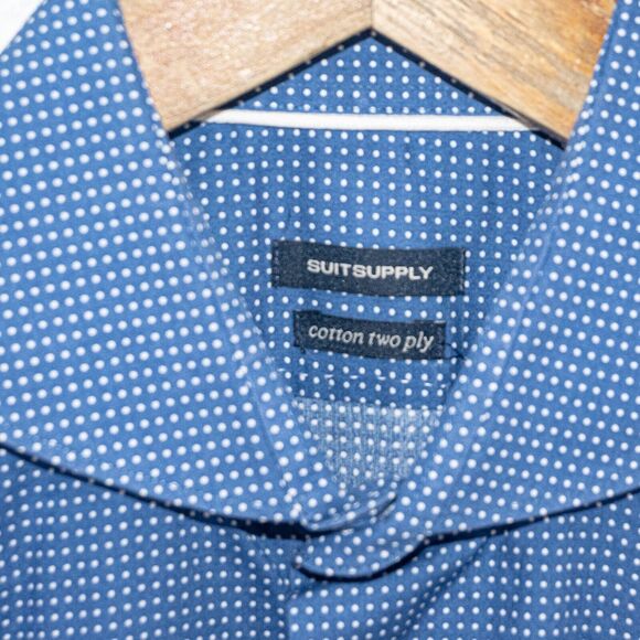 SUITSUPPLY Men's Spread Collar Dress Shirt in Blue mini Polka dot size 15 1/2 L - Picture 5 of 6